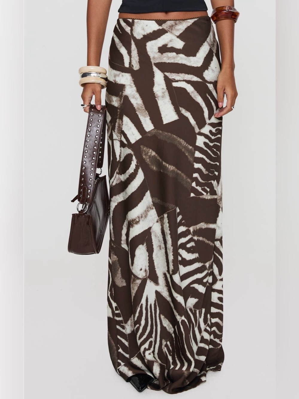 NWT Princess Polly Rowena Brown and White Satin Maxi Skirt
